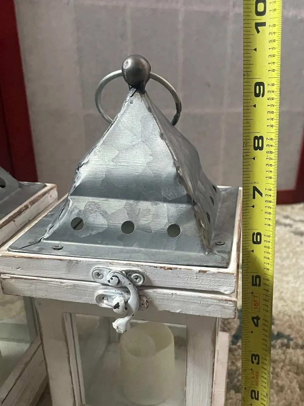 Rustic White Metal Lantern Pair with Glittery LED Candles